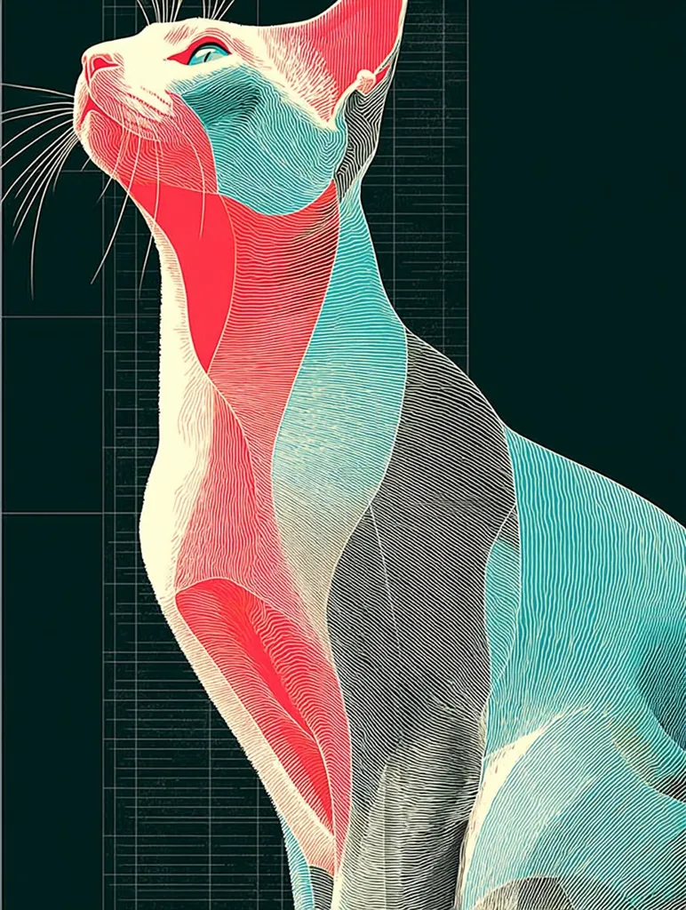 A stylized illustration of a cat, rendered in a vibrant color palette of red, teal, and cream against a dark background.  The image uses a layered line technique, giving the cat a somewhat anatomical or dissected appearance. The cat's posture is elegant, its head tilted upwards, creating a sense of grace and quiet contemplation.  A grid pattern subtly underlays the cat's form.