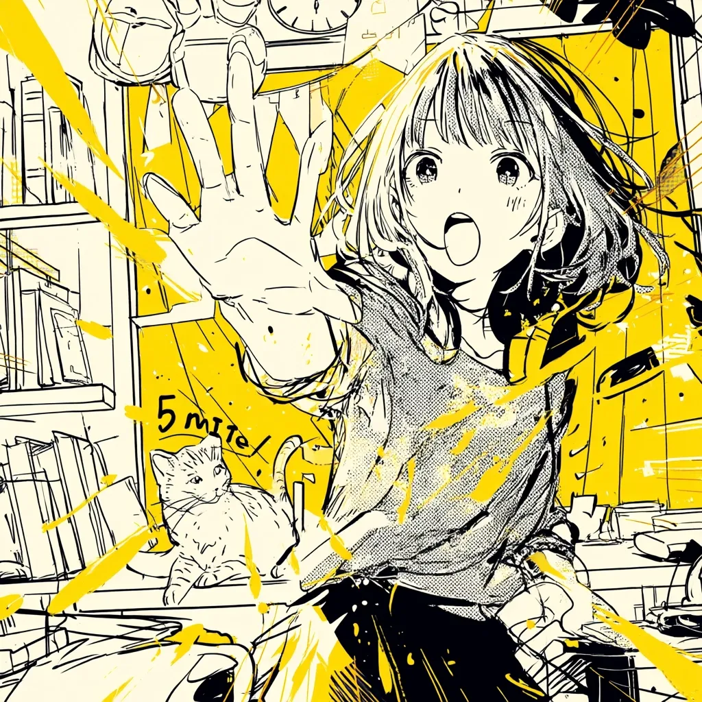 A stylized anime-style illustration depicts a young woman with short hair, her mouth open in surprise, reaching out with one hand.  She's surrounded by energetic yellow splashes and lines, suggesting movement or chaos.  A cat sits calmly on a nearby shelf amidst books and clutter in a room with a clock visible on the wall. The overall style is bold and graphic.