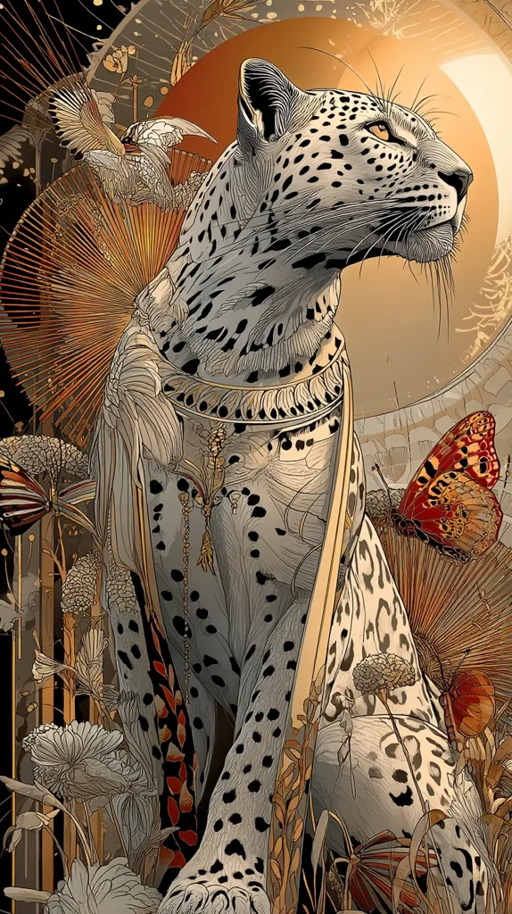 A majestic leopard, adorned with an ornate golden collar and flowing garment, sits amidst a lush garden of stylized flowers and plants.  Butterflies and birds flutter nearby, creating a surreal and harmonious scene. The leopard's gaze is directed upward, adding to the image's sense of mystique and regal presence.  Warm, earthy tones dominate the palette, enhancing the image's artistic and detailed composition.