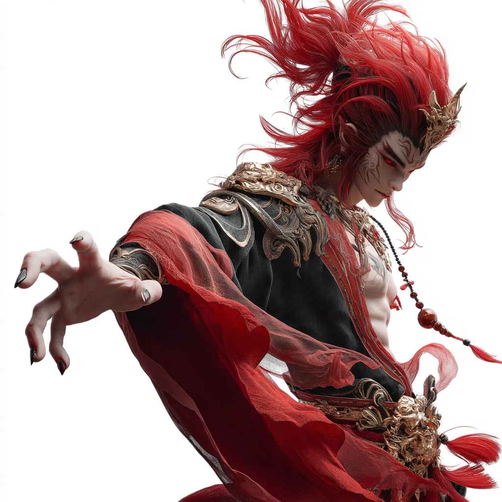A digital rendering depicts a stylized figure, possibly a demon or deity, with vibrant red hair flowing wildly.  They are adorned in ornate, dark clothing with gold accents and flowing red fabric.  The figure's hand is outstretched, claws extended, conveying a sense of power and aggression.  The overall aesthetic blends fantasy and Eastern influences.