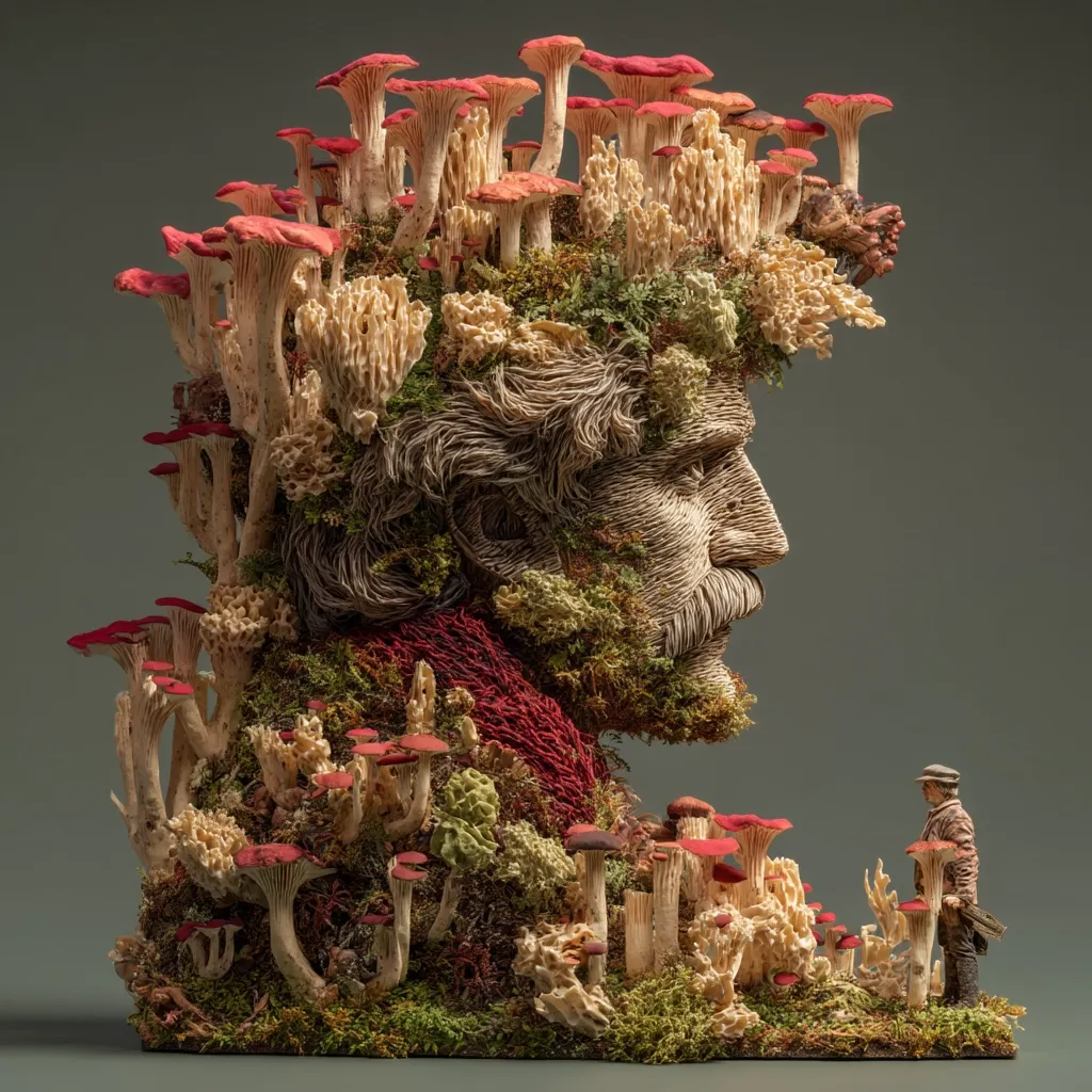 A detailed sculpture depicts a man's profile, his head and shoulders overgrown with moss, lichen, and a profusion of realistically rendered mushrooms in varying shades of red and cream.  A miniature figure of a man, seemingly a mushroom gatherer, stands observing the larger figure. The overall effect is one of intricate detail and surreal naturalism.