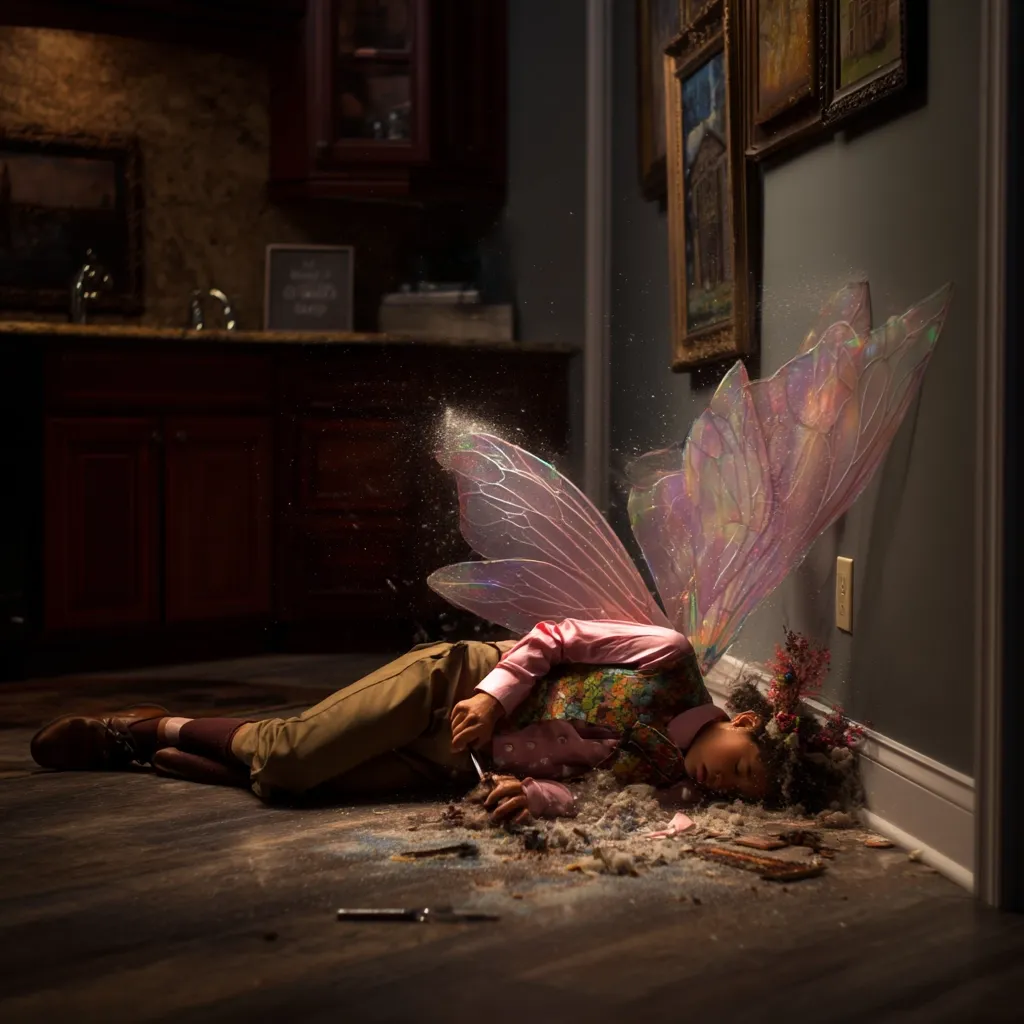 A person, dressed in whimsical attire including a pink fairy costume with large iridescent wings, lies unconscious on a wooden floor.  Dust or glitter is scattered around them, suggesting a magical or fantastical event.  The setting appears to be a dimly lit kitchen or dining area with framed artwork on the walls. The overall scene is darkly atmospheric and evocative of a fairy tale gone wrong.