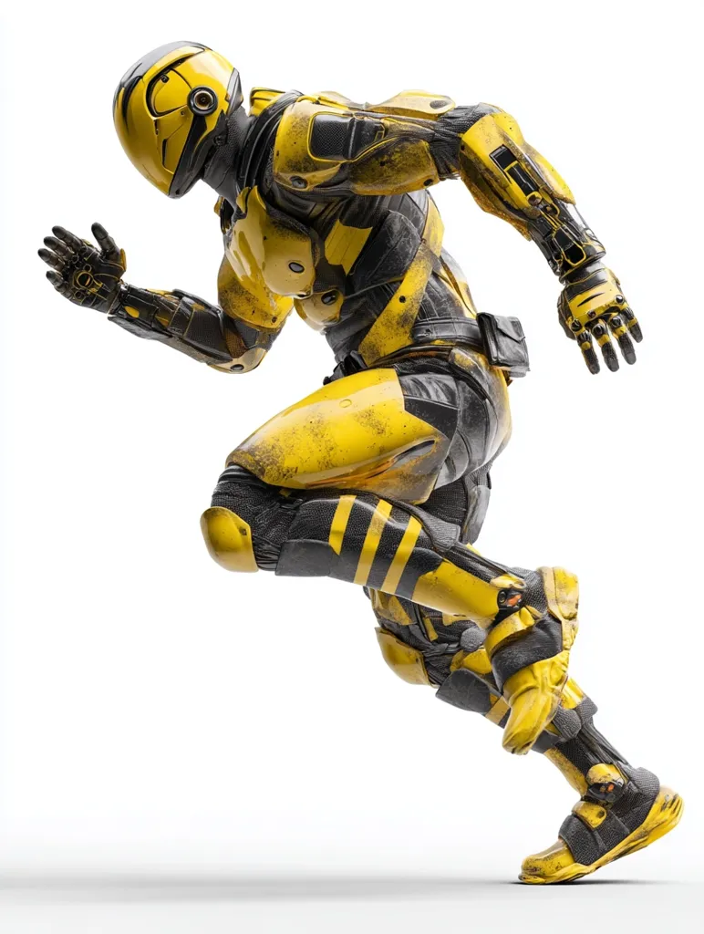 A futuristic, yellow and black armored figure is depicted mid-stride, running at full speed. The suit shows signs of wear and tear, adding a gritty, battle-worn aesthetic. The helmet is closed, obscuring the face.  The pose dynamically captures movement, suggesting speed and action. The background is pure white, emphasizing the subject.