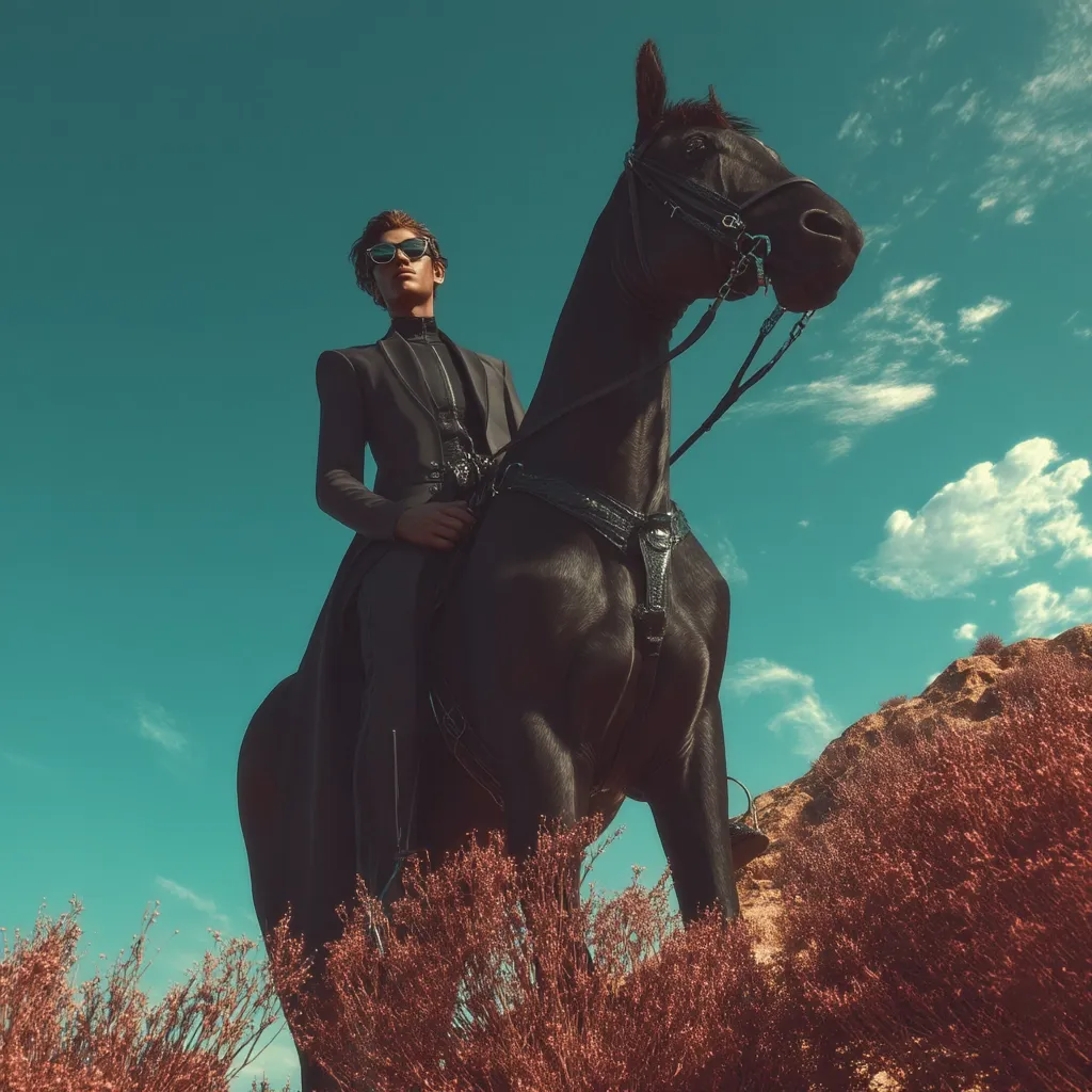 A stylish man in a black suit and sunglasses sits astride a black horse.  The horse is elegantly saddled, and the pair are positioned against a vibrant teal sky and a backdrop of reddish-brown shrubs on a hill.  The image has a dramatic, high-fashion feel, with a low angle shot emphasizing the height and grandeur of the scene.