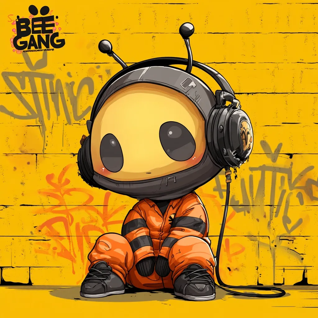 A cute, bee-like robot character, part of the "Bee Gang," sits against a yellow graffiti-covered wall.  Wearing an orange jumpsuit and large headphones, it has a round, yellow head with dark eyes and antennae.  The style is cartoonish and vibrant, with a blend of graffiti and character design elements. The image is digitally drawn and evokes a playful, street-art aesthetic.