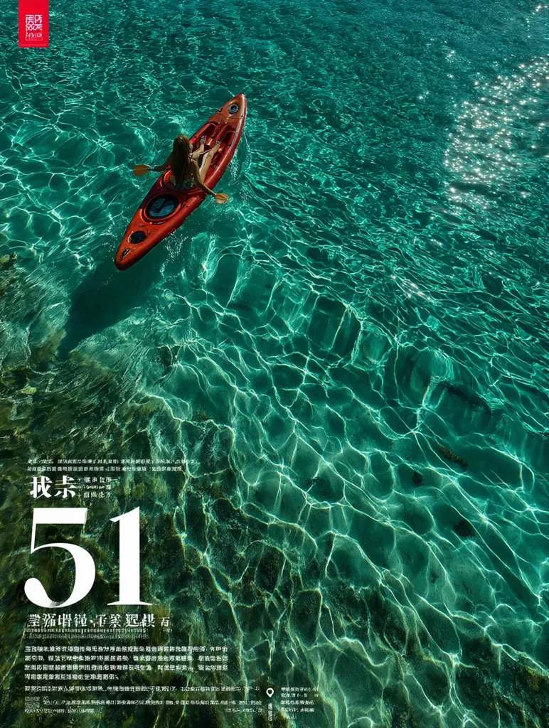 A woman kayaks across a vibrant, turquoise body of water.  The clear water reveals the seabed below, dappled with sunlight. The kayak is a bright red, contrasting beautifully against the intense blue-green hues of the sea. The overall scene is peaceful and serene, capturing the beauty of a tranquil aquatic landscape. The number 51 is prominently displayed, likely referencing a location or page number.