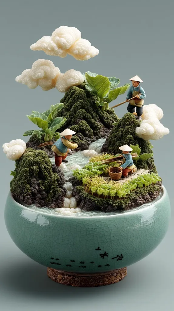 A miniature landscape scene is displayed in a teal ceramic bowl.  Tiny figures of farmers work in a verdant field nestled between miniature mountains and a small stream.  Whimsical clouds, crafted from a light-colored material, float above the scene, adding a touch of fantasy. The overall effect is one of delicate artistry and peaceful rural life.