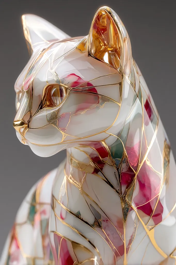 A close-up reveals an exquisite porcelain cat figurine.  Its white body is intricately adorned with a crackled design, accented by gold and pinkish-red hues.  The gold detailing highlights the cat's form, emphasizing its elegant posture and expressive eyes.  The figurine appears delicate yet striking, a testament to skilled artistry and craftsmanship.