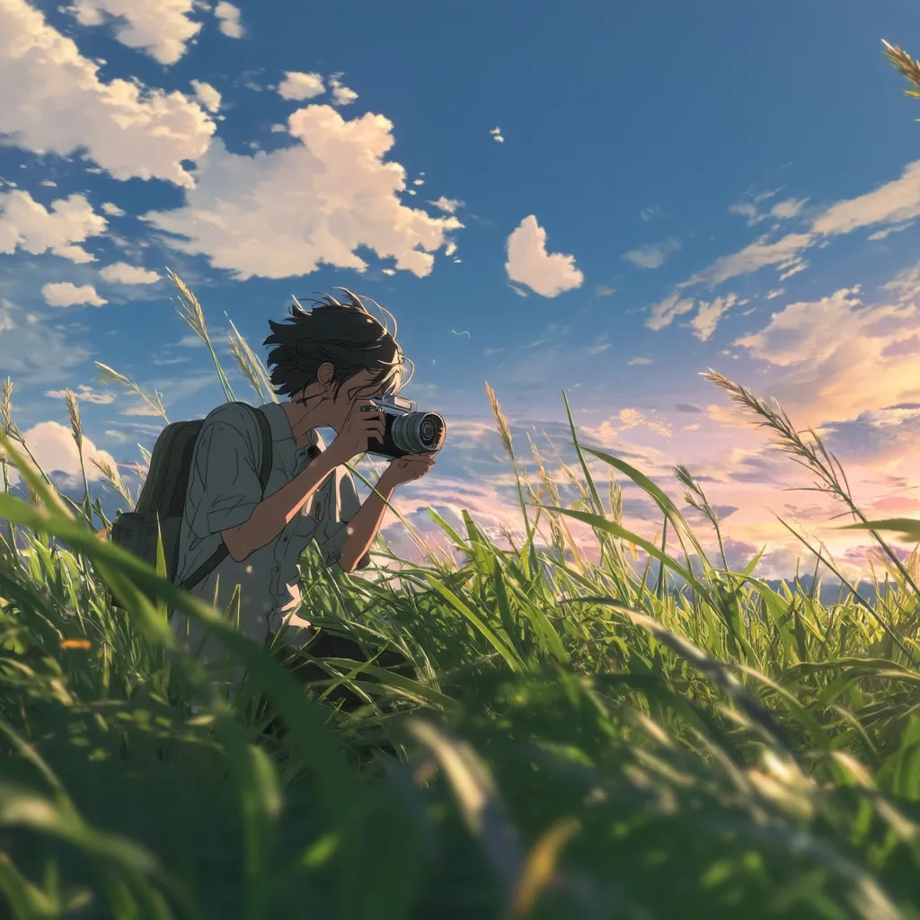 A young person with short dark hair, wearing a light shirt and backpack, crouches in tall grass, intently focusing on a vintage camera held to their eye.  The setting sun casts a warm glow on the picturesque landscape under a vibrant, partly cloudy sky. The overall mood is serene and peaceful, capturing a moment of quiet observation and appreciation for nature.