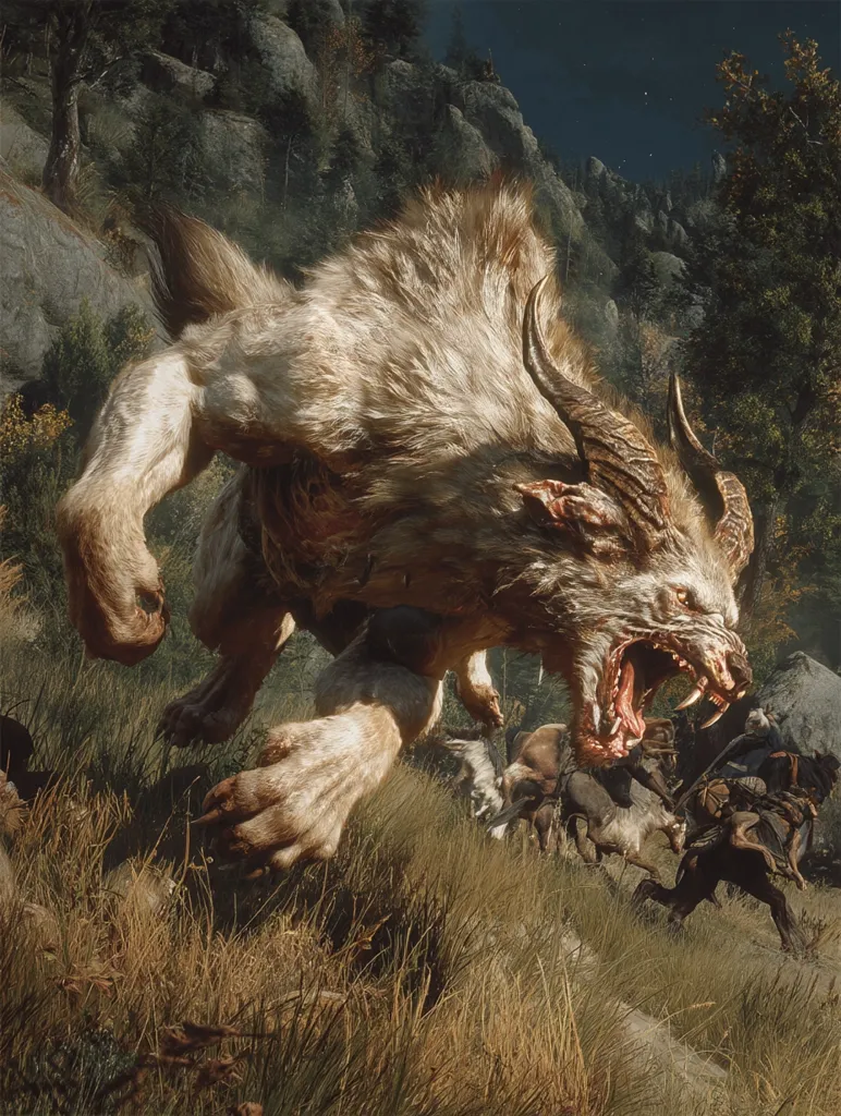 A large, snarling beast, resembling a wolf with horns and powerful paws, dominates the foreground.  Its fur is a light tan, and its expression is fierce. It appears to be attacking or pursuing a group of people on horseback, who are fleeing through tall grass in a mountainous, forested landscape under a dark night sky. The scene suggests a violent encounter from a fantasy setting.