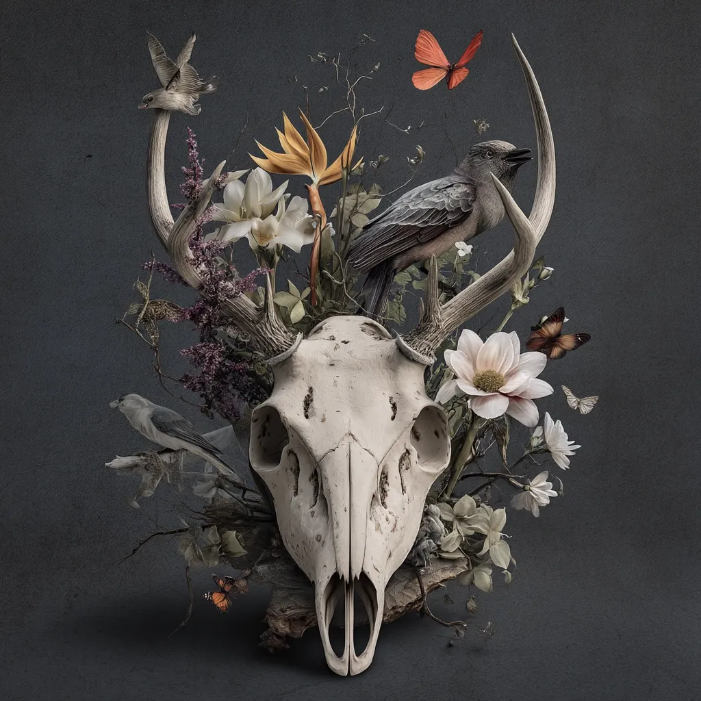 A deer skull forms the centerpiece of a meticulously arranged still life.  Surrounding the skull is a vibrant profusion of flowers, including white blossoms and orange bird of paradise, interwoven with delicate branches and perched birds.  Butterflies flutter nearby, adding to the ethereal and somewhat melancholic beauty of the composition. The overall palette is muted, emphasizing the textures and details of each element.