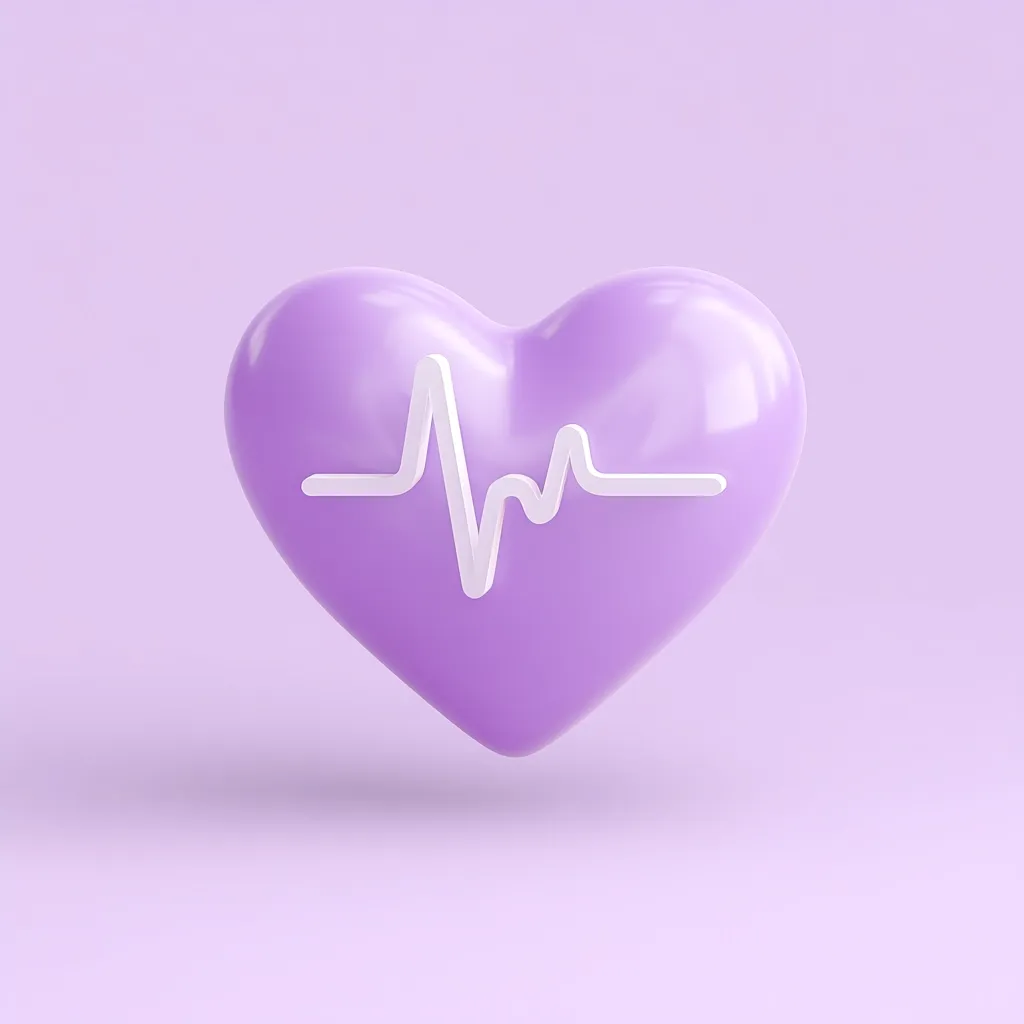 A 3D rendered image showcases a light purple heart with a white heartbeat line superimposed on it. The heart is glossy and smooth, resting on a matching lavender background. The overall aesthetic is minimalist and clean, suggesting themes of health, love, or medical care.  The simple design conveys a sense of calm and well-being.