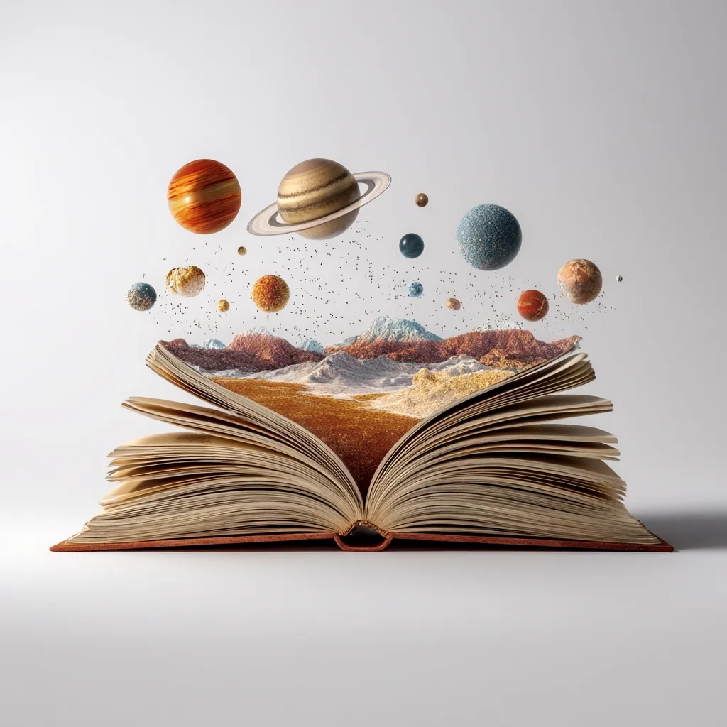 An open book reveals a miniature alien landscape, from which planets and celestial bodies seemingly float.  The scene is surreal and dreamlike, suggesting the boundless potential of knowledge and imagination contained within the pages.  The planets are various sizes and colors, adding to the fantastical quality of the image. The overall effect is whimsical and captivating.