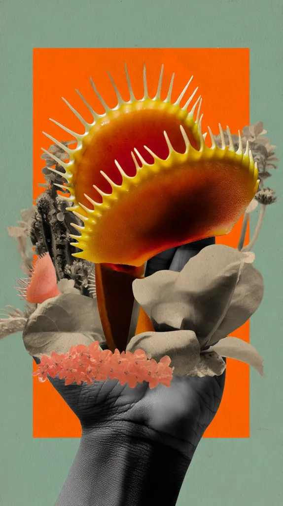 A surreal digital collage shows a hand cradling a vibrant, stylized Venus flytrap.  The flytrap is a dominant orange and yellow, contrasting with muted grayscale foliage and a dark hand.  The arrangement is set against a bright orange square on a muted green background, creating a striking visual juxtaposition of color and texture.  Smaller details, including coral-like elements, add to the piece's intricate and dreamlike quality.