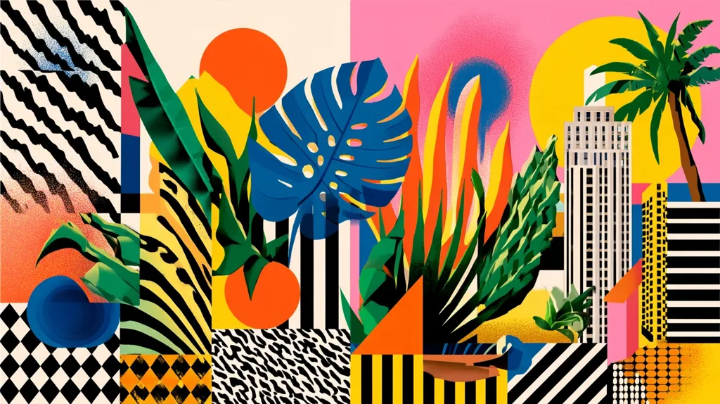A vibrant collage bursts with bold colors and geometric shapes.  Tropical leaves, including a prominent monstera, contrast with a stylized cityscape featuring a tall building.  Black and white stripes, animal prints (zebra and leopard), and circles create a dynamic interplay of patterns.  The overall effect is a playful and energetic juxtaposition of nature and urban elements in a distinctly modern art style.