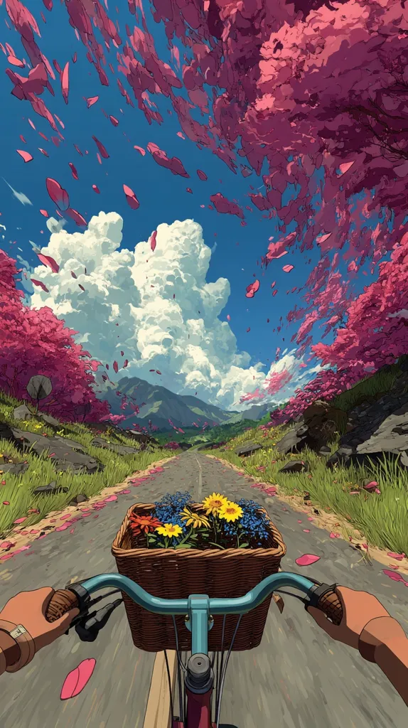 A first-person perspective of cycling down a road.  Pink blossoms fall from trees overhead, creating a vibrant, whimsical scene under a partly cloudy sky.  A basket on the handlebars holds a bouquet of colorful flowers.  Rolling hills and mountains form the backdrop to this idyllic, animated landscape.  The overall feeling is serene and joyful.