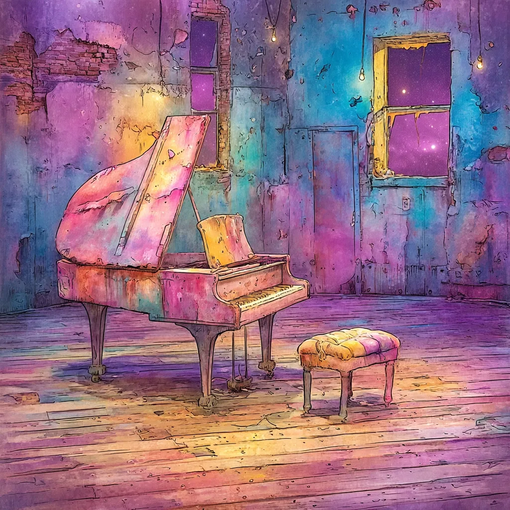 A vibrant, stylized artwork depicts a grand piano in a dilapidated room. The piano is painted in hues of pink, purple, and yellow, matching the room's distressed walls and wooden floor.  Windows reveal a cosmic, starry night sky.  A small, patterned stool sits before the piano, adding to the whimsical, dreamlike atmosphere. The overall style is reminiscent of a watercolor painting with bold outlines.