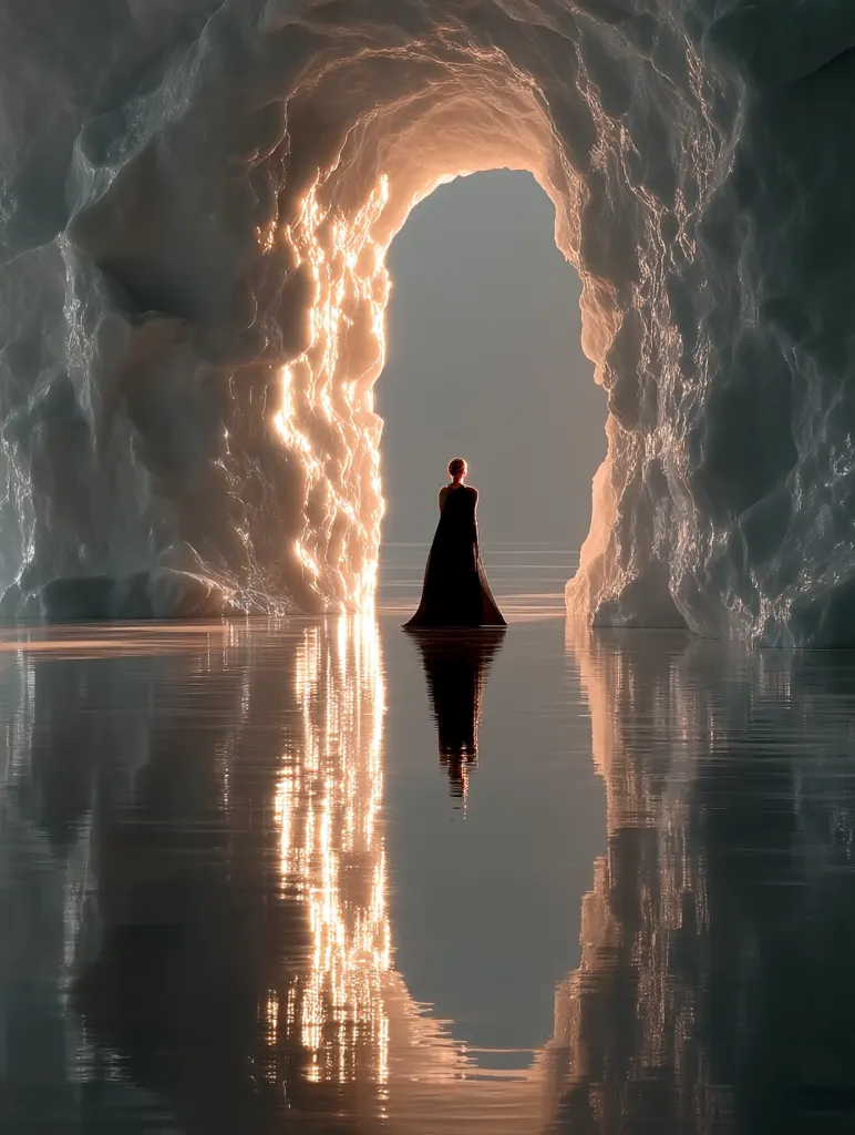 A solitary figure in a dark dress stands within a glacial archway.  Golden light streams through the ice, illuminating the scene and creating a striking reflection on the calm water. The image evokes a sense of serenity and mystery, with the vastness of the icy landscape contrasting with the small human form.  The overall mood is peaceful and contemplative.