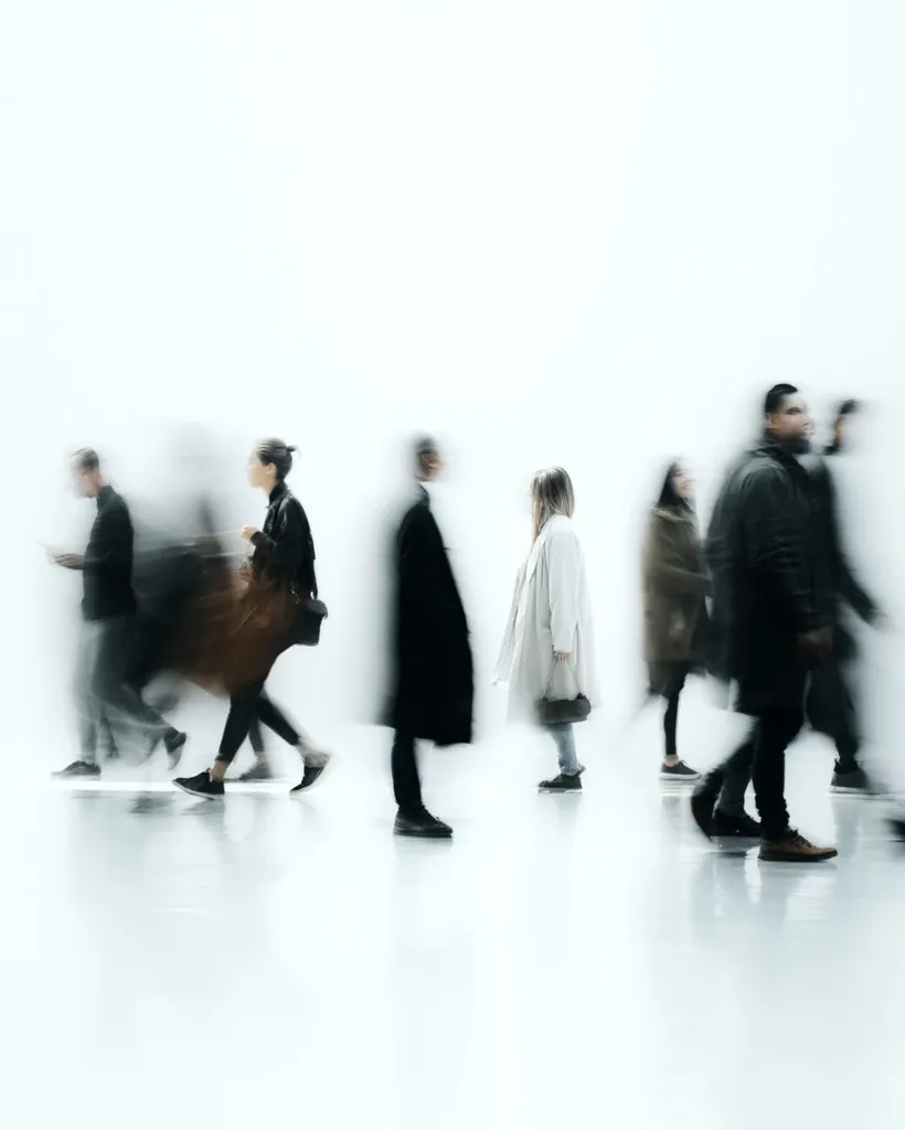 A blurry image captures a group of people walking in motion against a stark white background.  Their forms are indistinct, suggesting a busy, bustling environment.  The focus is on the movement and the anonymity of the crowd, highlighting a sense of urban energy and the transient nature of city life.  The clothing styles appear contemporary, reinforcing the modern setting.