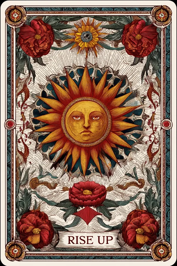 An ornate, vintage-style image features a central sun with a human-like face, radiating warmth.  Surrounding the sun are stylized floral elements, including large, richly colored peonies and smaller blossoms.  The overall design is enclosed within an elaborate frame, with the words "RISE UP" prominently displayed at the base. The artwork suggests a theme of power, rebirth, or overcoming adversity.  The style is reminiscent of Art Nouveau or a tarot card.
