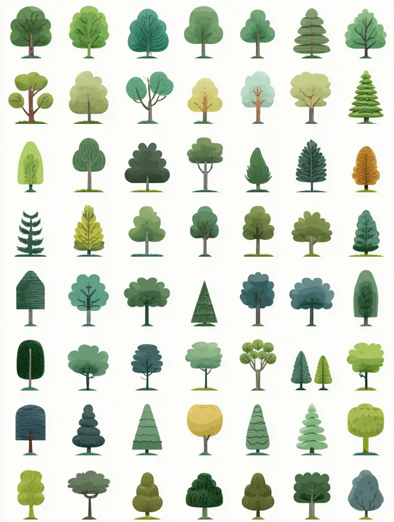 A collection of 48 stylized tree illustrations.  Each tree is unique, varying in shape, size, and color palette of greens, with some featuring yellowish hues.  The trees are depicted in a simplified, cartoonish style, suitable for use in graphic design or children's illustrations.  They are arranged in a grid pattern against a white background.