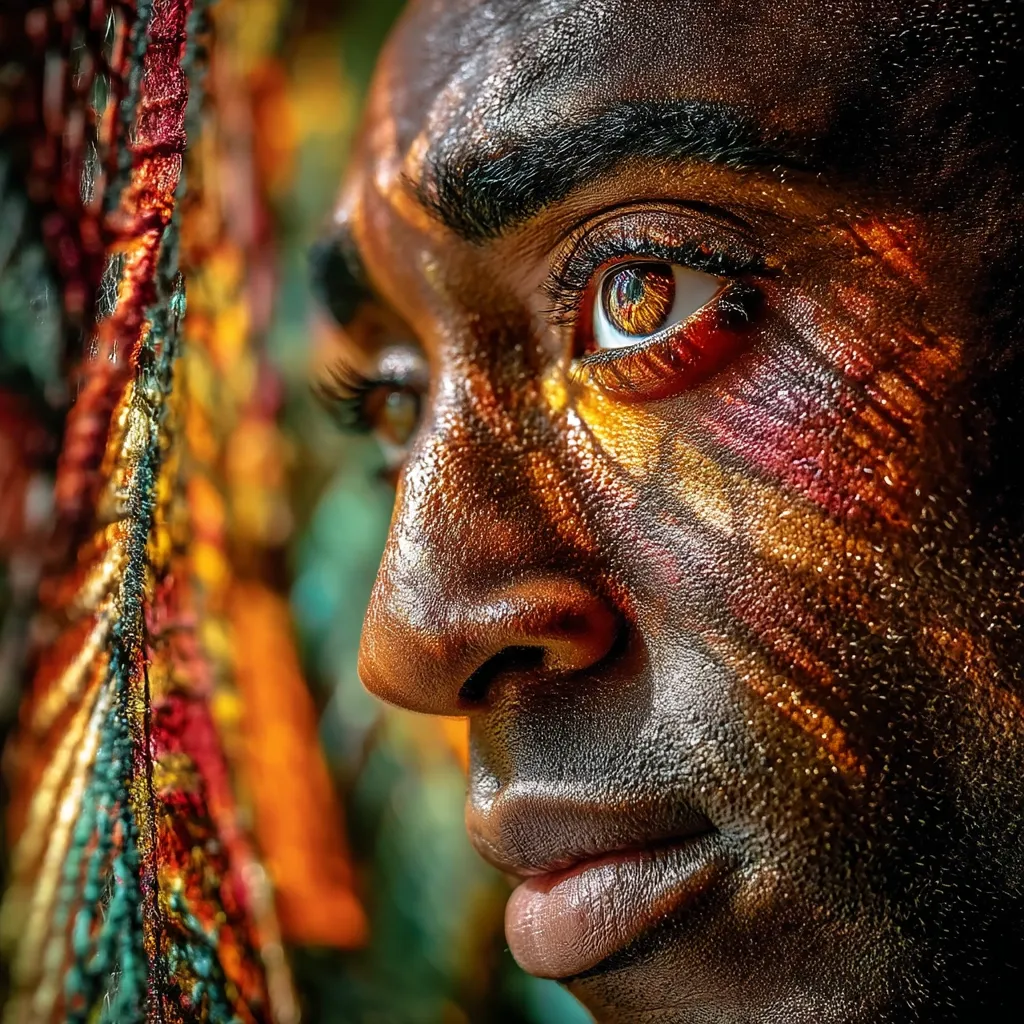 Close-up profile of a dark-skinned person's face, adorned with shimmering, gold and red patterns that resemble light projections or body paint.  The subject's gaze is directed away, conveying a pensive mood. The background features a blurred, textured fabric in rich, warm colors. The image is striking in its use of light and shadow, emphasizing the texture of the skin and the intensity of the eye.