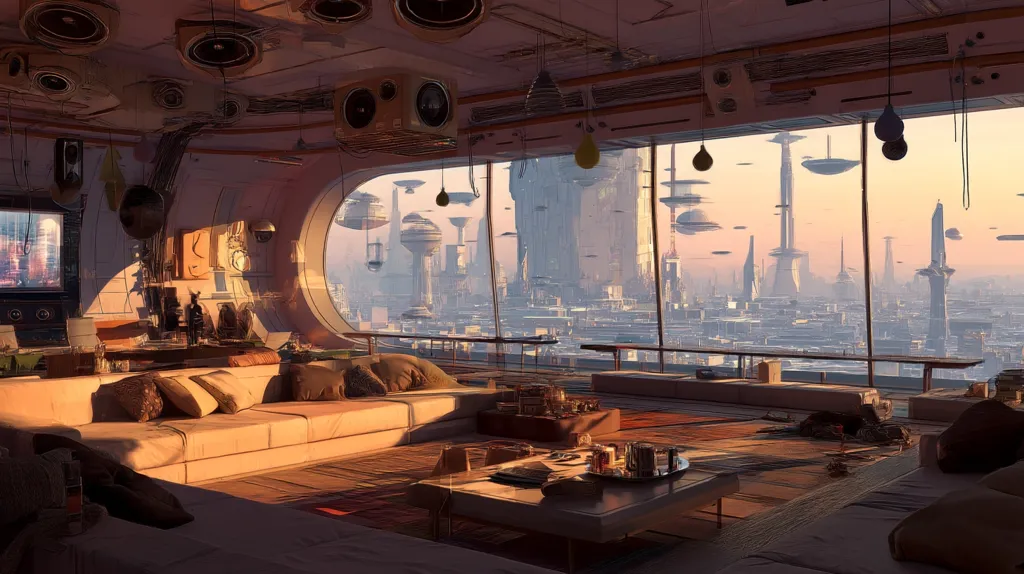 A futuristic living room boasts a panoramic window overlooking a sprawling cityscape at sunset.  The room is adorned with beige couches, a low coffee table, and numerous speakers hanging from the ceiling.  Flying vehicles are visible outside, adding to the otherworldly atmosphere.  The overall style is minimalist yet luxurious, showcasing a blend of comfort and advanced technology.