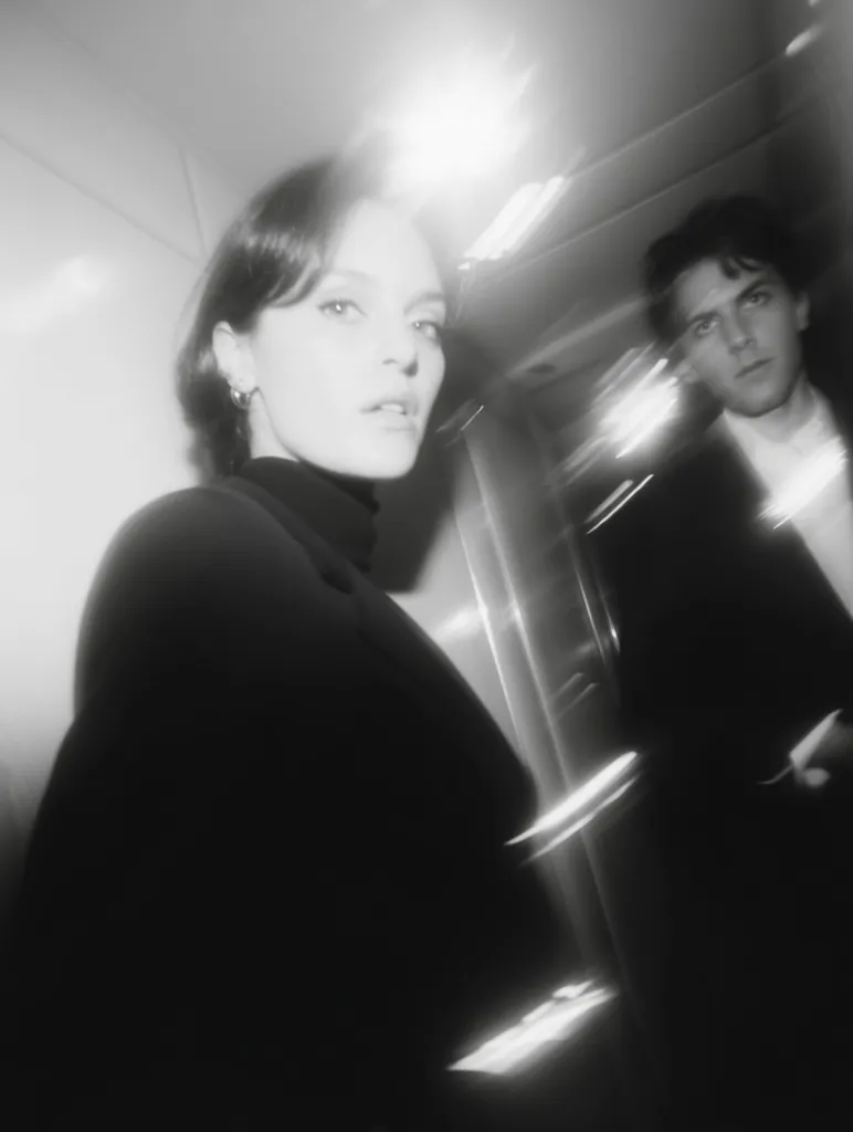 A black and white, stylized photograph captures a woman and a man in an elevator.  The woman, sharply in focus, is dressed in dark clothing, her expression serious. The man, blurred by motion, stands behind her, his features less defined. The bright light creates a dramatic contrast and emphasizes the woman's presence. The image evokes a sense of mystery and intimacy within the confined space.