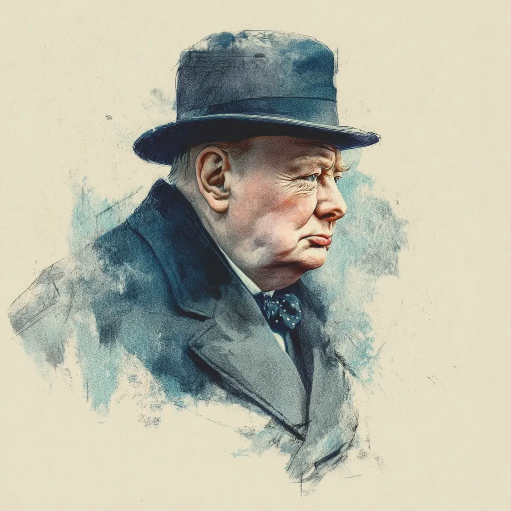 A stylized portrait of Winston Churchill in profile. He wears a dark bowler hat, a dark coat, and a bow tie.  The artistic style blends watercolor and pencil techniques, creating a soft, textured effect around the subject, emphasizing his strong features and determined expression.  The muted color palette enhances the somber yet dignified tone.
