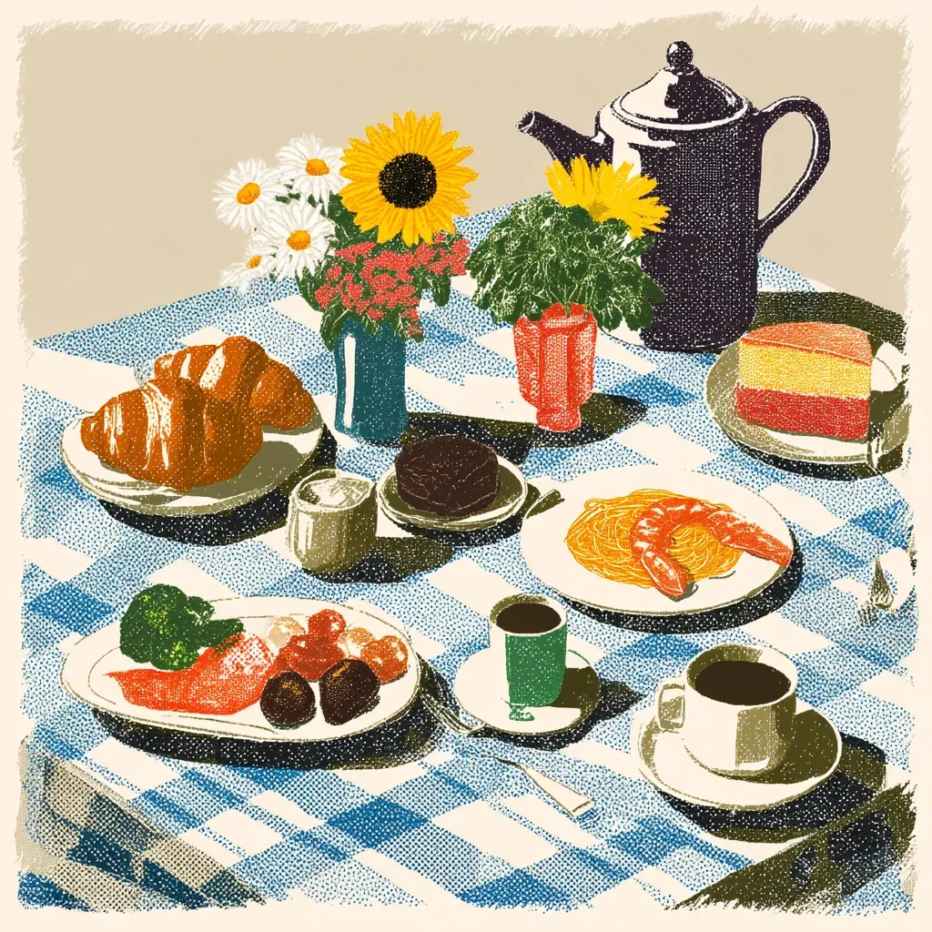 A vibrant illustration depicts a tablecloth adorned with a delightful array of food and flowers.  Two cups of coffee, plates of croissants, pasta with shrimp, salmon with vegetables, and a cake are arranged alongside a teapot and vases of sunflowers and daisies. The blue and white checkered tablecloth adds a cheerful touch to the scene, creating a picture of a pleasant meal.