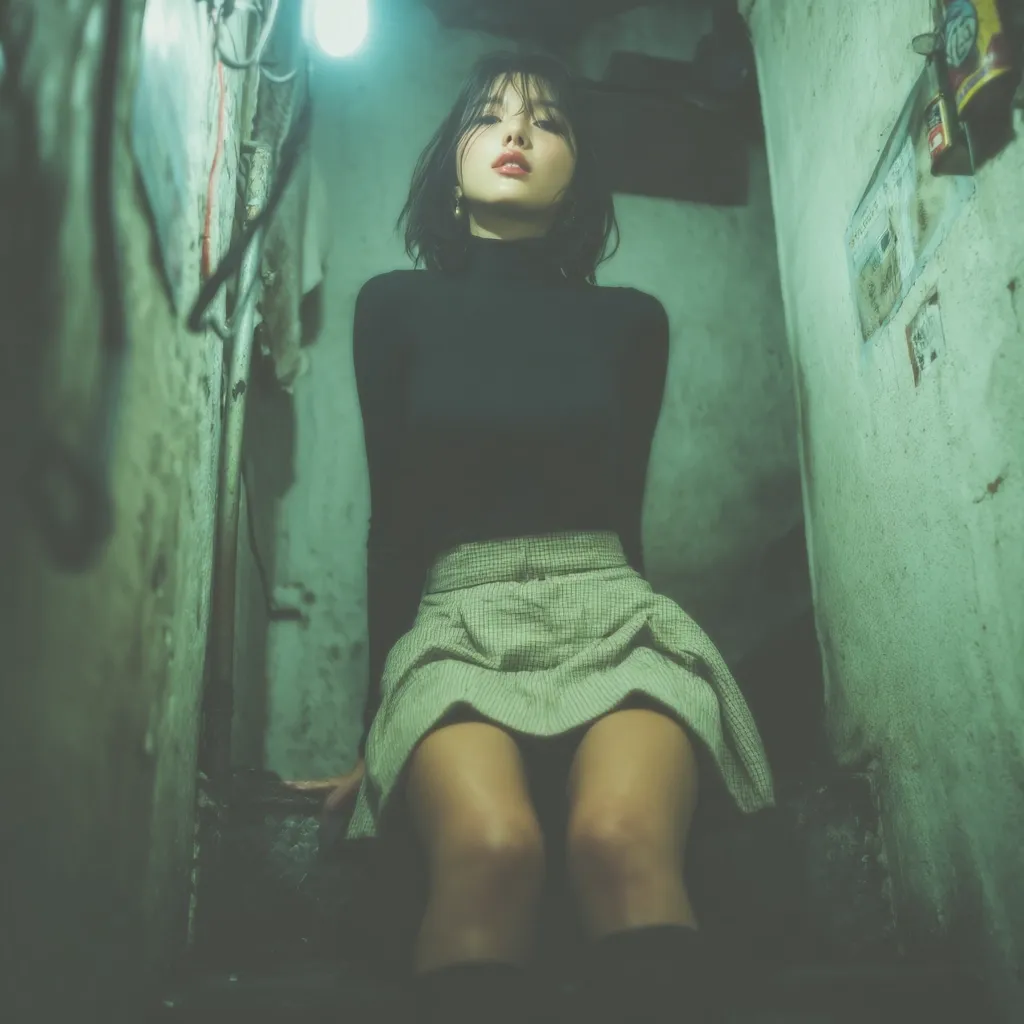 A young woman with short dark hair sits on a stairwell in a dimly lit, grunge-style setting. She wears a black turtleneck and a pleated light beige skirt. The walls are textured and aged, contributing to the moody atmosphere. The overhead light casts a greenish hue, enhancing the overall aesthetic.  Her expression is serious and direct, engaging the viewer.