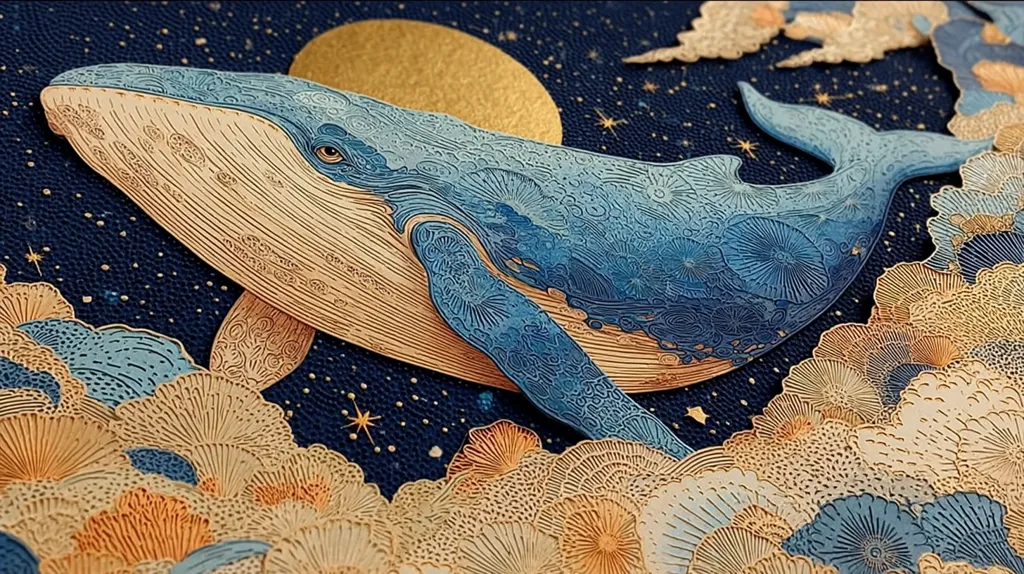 A detailed artwork depicts a whale swimming amidst stylized clouds and stars. The whale, rendered in shades of blue and beige, is intricately patterned with floral motifs.  The background features a golden moon and a dark blue starry sky. The overall style is reminiscent of an ornate, embossed design, with textures suggesting depth and dimensionality.  The color palette is rich and calming, creating a serene, celestial scene.