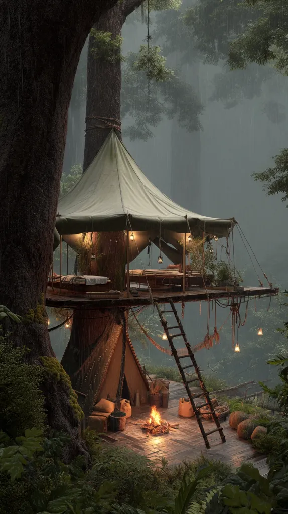 A whimsical treehouse, nestled within a misty forest, features a canvas tent atop a sturdy platform.  String lights illuminate the interior, visible through the tent flaps. A wooden ladder leads to the elevated structure, and a cozy campfire burns below, surrounded by rustic seating and baskets.  The scene evokes a sense of tranquility and escape.