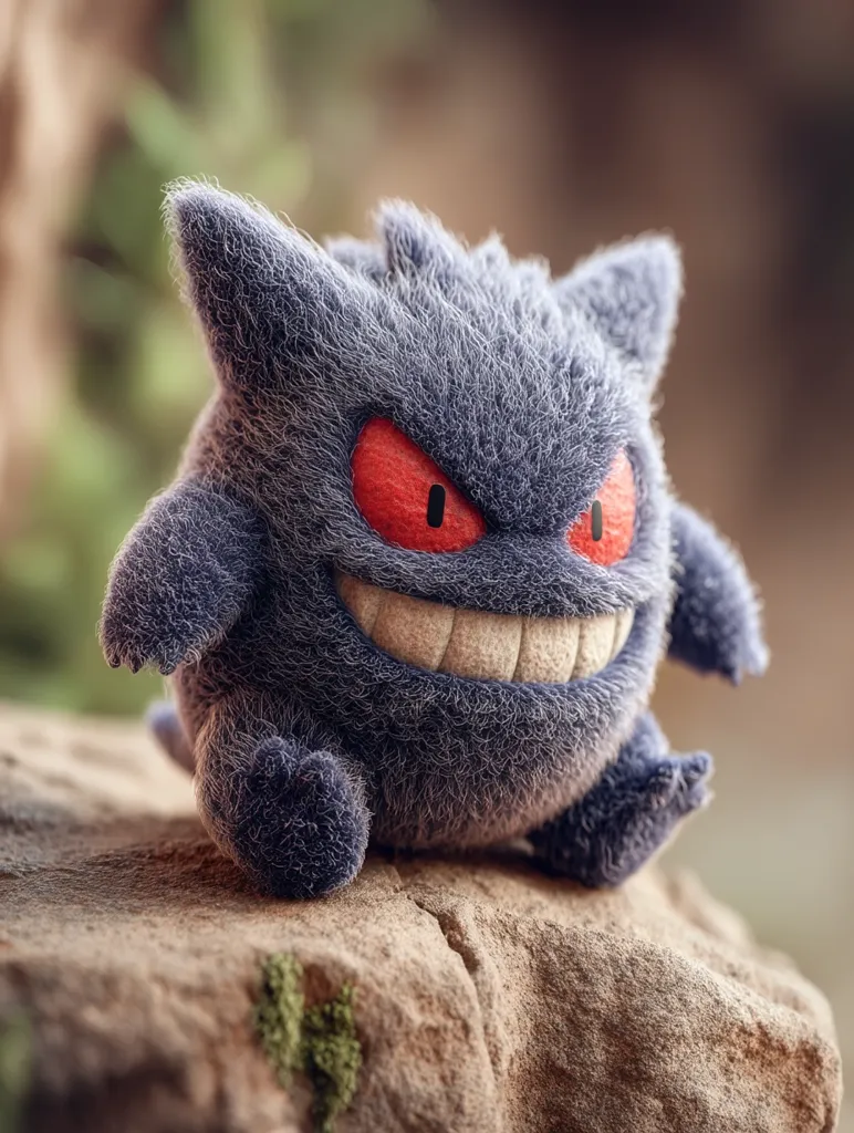 A Gengar plush toy sits perched on a rock, its furry dark grey body contrasting with bright red eyes and a wide, toothy grin.  The soft texture of the plush is emphasized against the rough stone backdrop. The background is blurred, focusing attention on the playful, slightly mischievous expression of the Pokémon character.  The overall image evokes a sense of whimsy and charm.