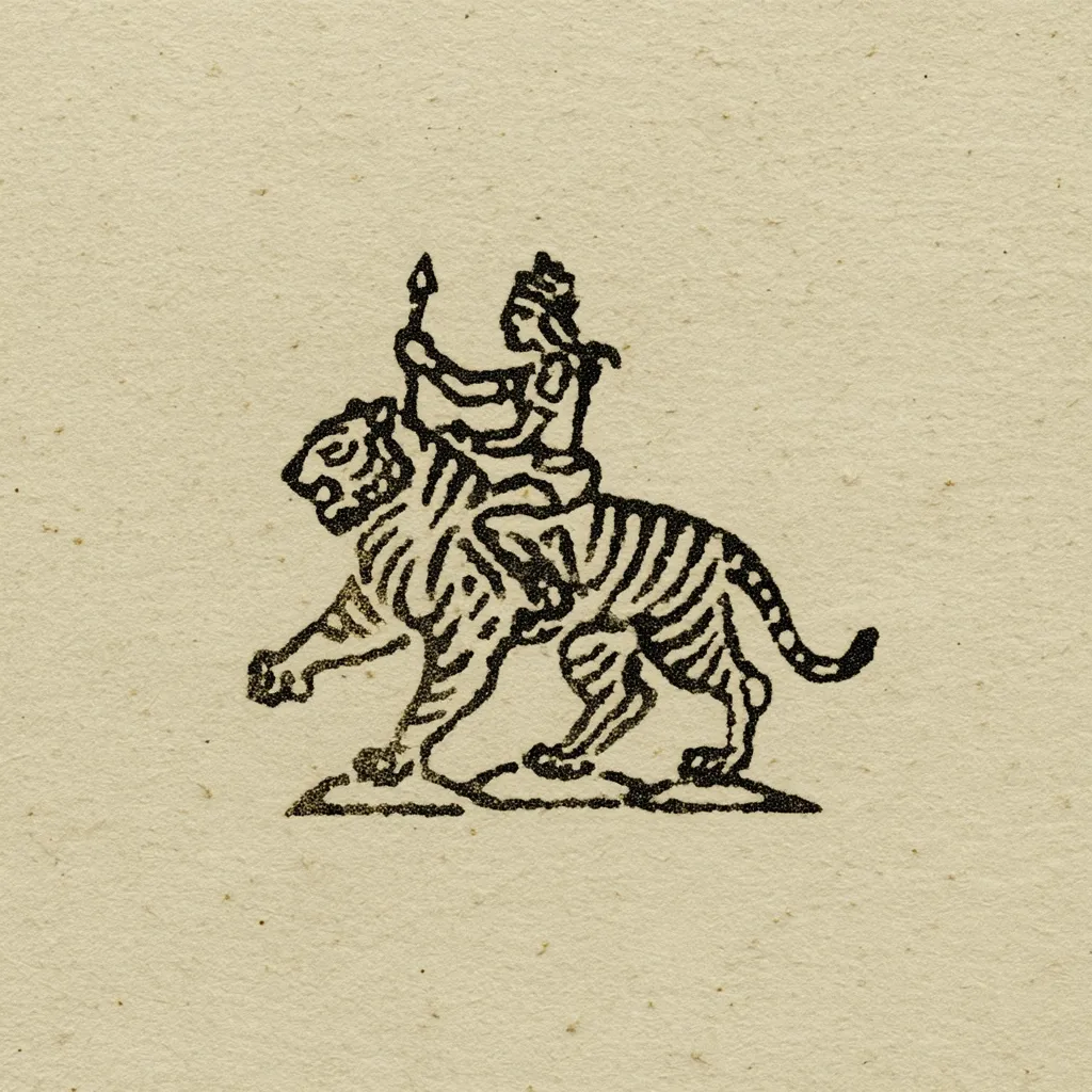 A black and white illustration depicts a stylized figure, possibly a warrior or deity, seated atop a tiger. The figure holds a spear or lance.  Both the rider and tiger are rendered in detail, with the tiger's stripes clearly visible. The image is set against a textured, off-white background, suggesting it may be from an antique book or print. The style is reminiscent of traditional Asian art.