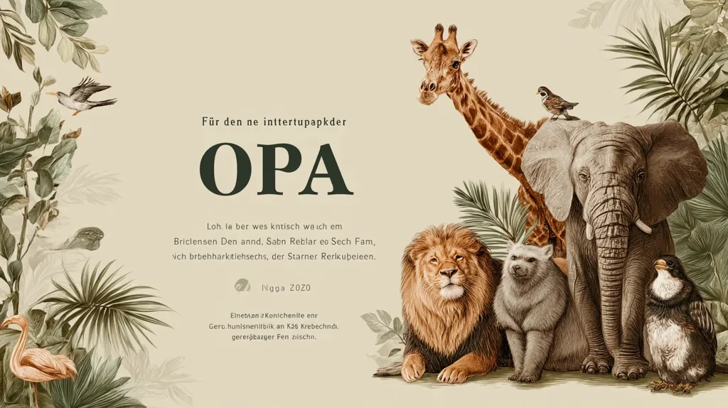 A beige background features the word "OPA" in dark green, surrounded by illustrations of various African animals including a giraffe, elephant, lion, and other creatures. Tropical foliage frames the scene.  The text, possibly German, appears to be a dedication or message.  The overall style is vintage and whimsical.