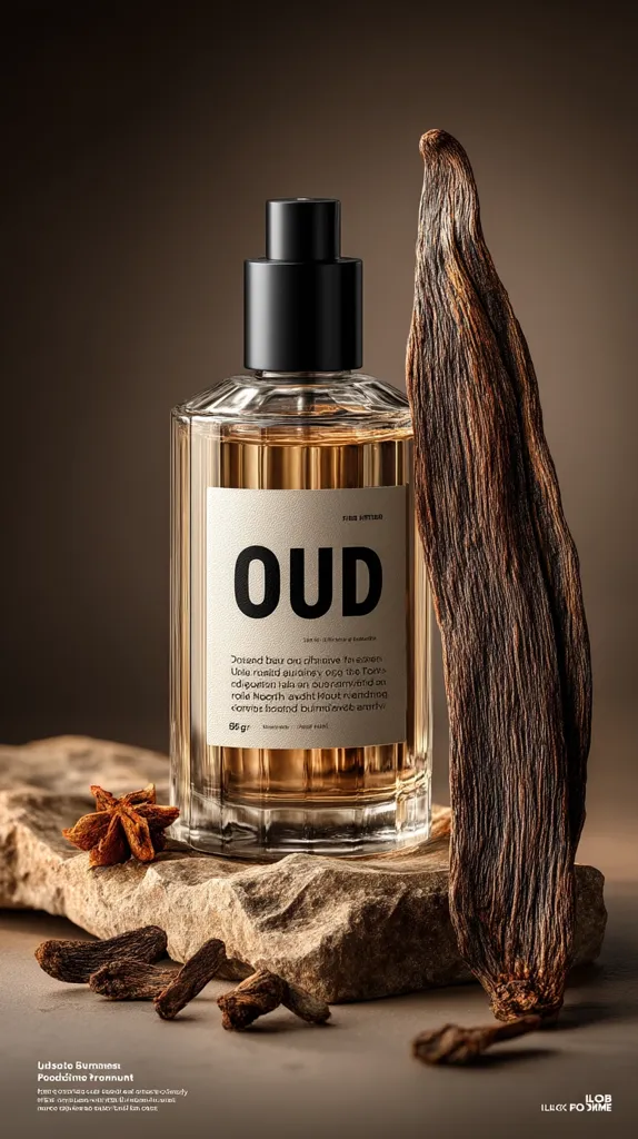 A bottle of Oud perfume sits on a stone, next to a piece of dark, dried oud wood and star anise.  The bottle is clear glass with a black cap, showcasing a golden amber liquid. The label reads "OUD" in bold lettering, with descriptive text in a smaller font, indicating the perfume's ingredients and origin. The overall aesthetic is sophisticated and minimalist, emphasizing the natural, earthy tones of the fragrance.