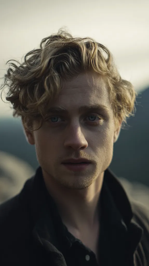 A young man with wavy, light blonde hair stares intensely at the camera.  His expression is serious and his light eyes hold a thoughtful gaze. He's wearing a dark collared shirt, and the background is blurred, suggesting an outdoor setting. The overall mood is contemplative and slightly moody.  The lighting emphasizes his features, creating a dramatic effect.