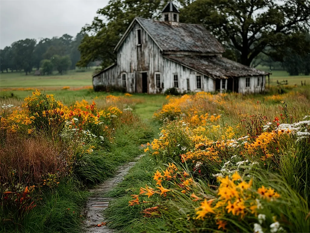 A weathered white barn stands in a verdant field, a picturesque path leading from the viewer's perspective towards it.  Vibrant wildflowers in shades of yellow and orange border the pathway, creating a stunning natural border. The overcast sky adds a serene and slightly melancholic mood to the idyllic countryside scene.