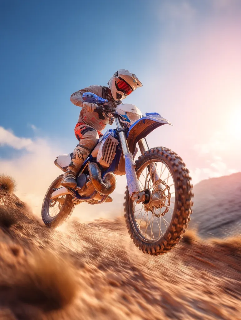 A motocross rider speeds down a sandy hill, kicking up dust.  The sun shines brightly in the background, illuminating the rider's blue and white dirt bike.  The rider is wearing a helmet and protective gear, focused on navigating the challenging terrain. The scene is dynamic and captures the thrill of off-road motorcycle racing.