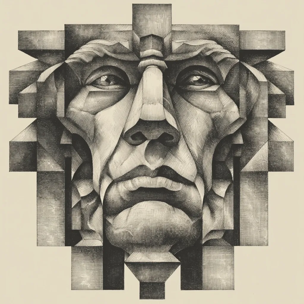 A meticulously detailed pen-and-ink drawing depicts a stylized male face fragmented and reconstructed within a geometric framework. The face, rendered with intense shading and cross-hatching, displays a serious expression.  The surrounding geometric shapes create a sense of depth and architectural structure, contrasting with the organic form of the human features. The overall effect is a powerful and enigmatic image, blending realism with abstract design.