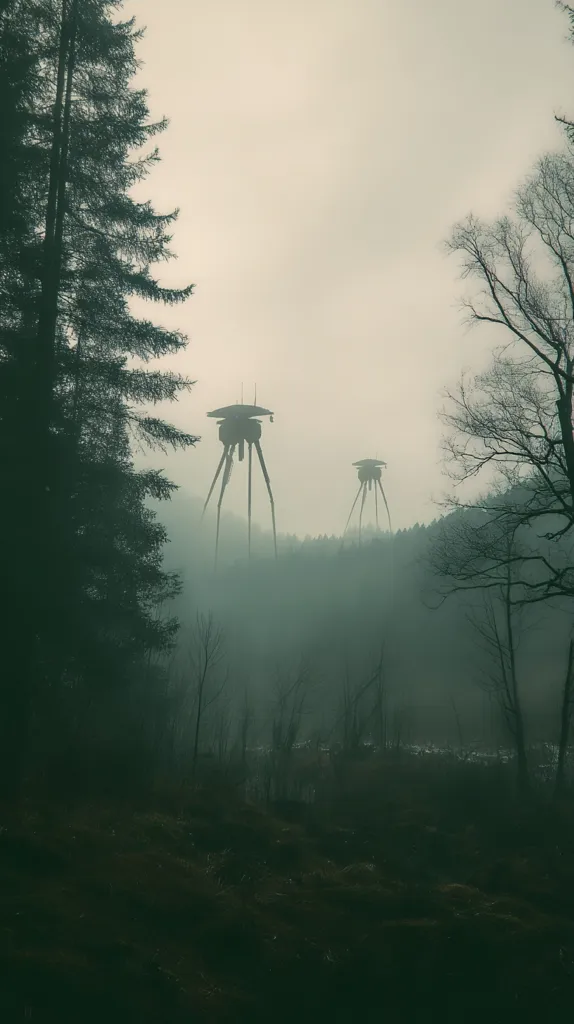 Two tripod-like alien machines loom over a misty forest.  Tall evergreens and bare deciduous trees frame the scene, shrouded in an ominous fog. The atmosphere is dark, suspenseful, and evokes a sense of impending invasion or otherworldly presence.  The overall color palette is muted greens and grays, enhancing the eerie mood.