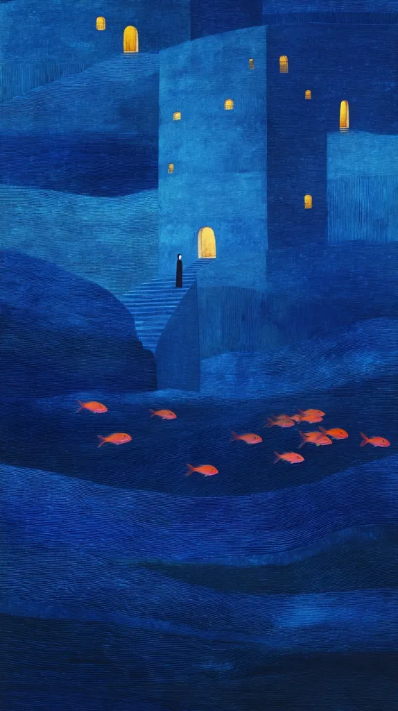 A solitary figure ascends a staircase leading to a luminous doorway within a towering, indigo-hued building.  Warm light spills from windows punctuating the structure's facade, contrasting with the cool blue tones of the landscape. Below, a school of orange fish swims in the deep blue waters, creating a surreal and dreamlike atmosphere. The textured brushstrokes add depth and mystery to the scene.