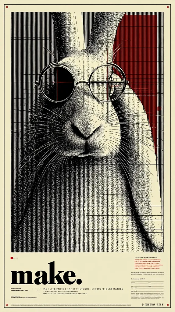 A detailed black and white illustration of a rabbit wearing round glasses dominates a poster.  The rabbit's fur is meticulously rendered, and the glasses have a crosshair pattern within the lenses. A red vertical stripe is visible in the background. The word "make." is prominently displayed below the image, followed by smaller text. The overall style is graphic and slightly surreal.