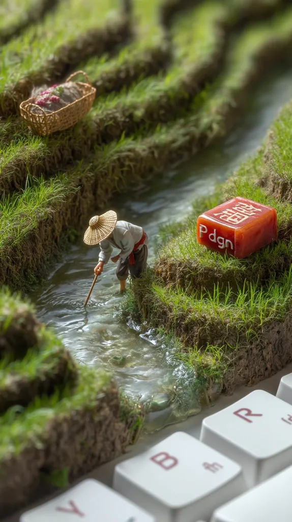A miniature scene of a rice paddy farmer working in a small stream, meticulously tending to his crop.  A small basket of harvested rice sits nearby.  The scene is artfully constructed atop a computer keyboard, blending the digital and the agrarian worlds. A red cube with Asian characters and "Pdgn" is subtly placed, suggesting a connection between technology and traditional farming practices.