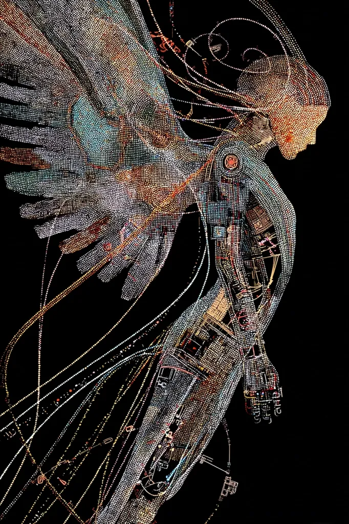 A digital artwork depicts a stylized angel figure, its wings and body formed from a constellation of luminous points.  The angel's form suggests circuitry and technological components, creating a blend of angelic grace and mechanical intricacy.  The dark background emphasizes the radiant, multifaceted points of light composing the image, evoking a futuristic or ethereal atmosphere.  The overall effect is one of both beauty and technological wonder.