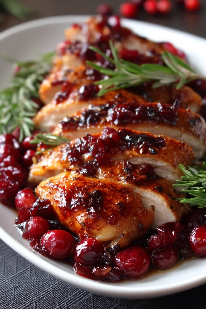 Sliced roasted turkey breast is elegantly presented on a white platter.  The turkey is glistening with a rich cranberry sauce, and sprigs of rosemary garnish the dish.  The cranberries are also arranged around the turkey, creating a visually appealing and festive presentation.  The dark background enhances the vibrant colors of the food.