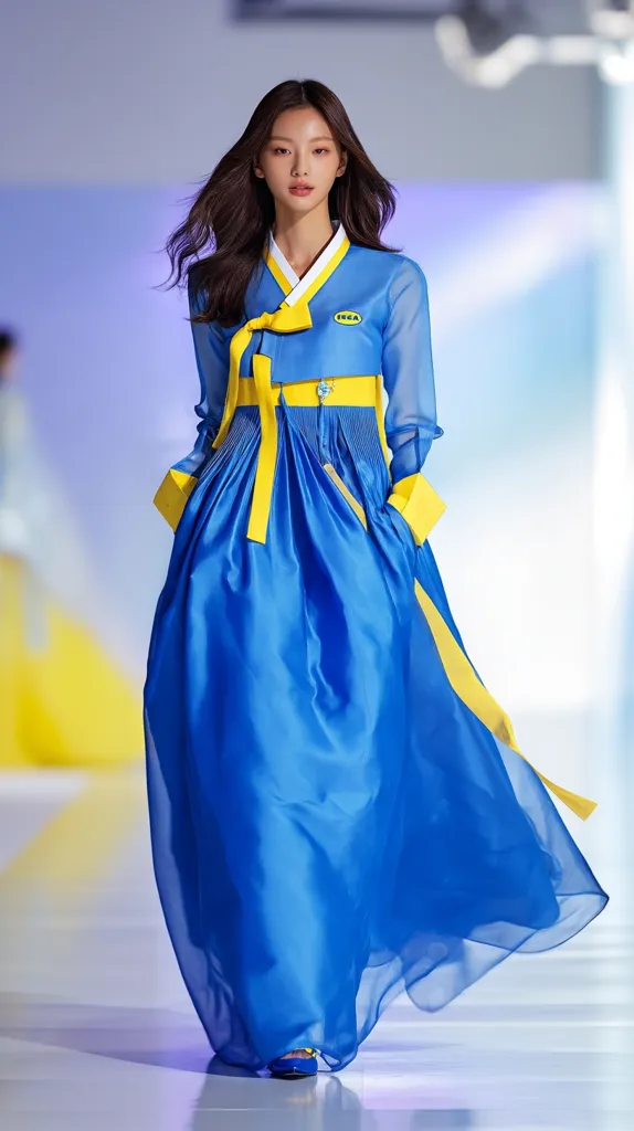 A model walks a runway in a vibrant blue hanbok, a traditional Korean dress.  The hanbok features a modern twist with yellow accents at the waist and sleeves, and a small IKEA logo subtly placed on the bodice.  The flowing fabric and the model's confident pose create a striking image.  The overall effect is a blend of tradition and contemporary design.
