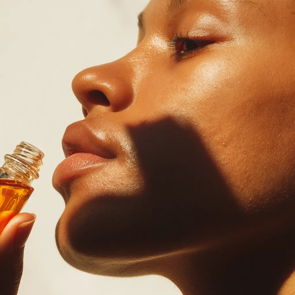 Close-up profile view of a person with dark brown skin holding a small amber glass bottle of essential oil.  Sunlight illuminates their face, highlighting their smooth skin and creating a dramatic shadow.  The person's lips are slightly parted, as if inhaling the fragrance. The image evokes a sense of calm and self-care.