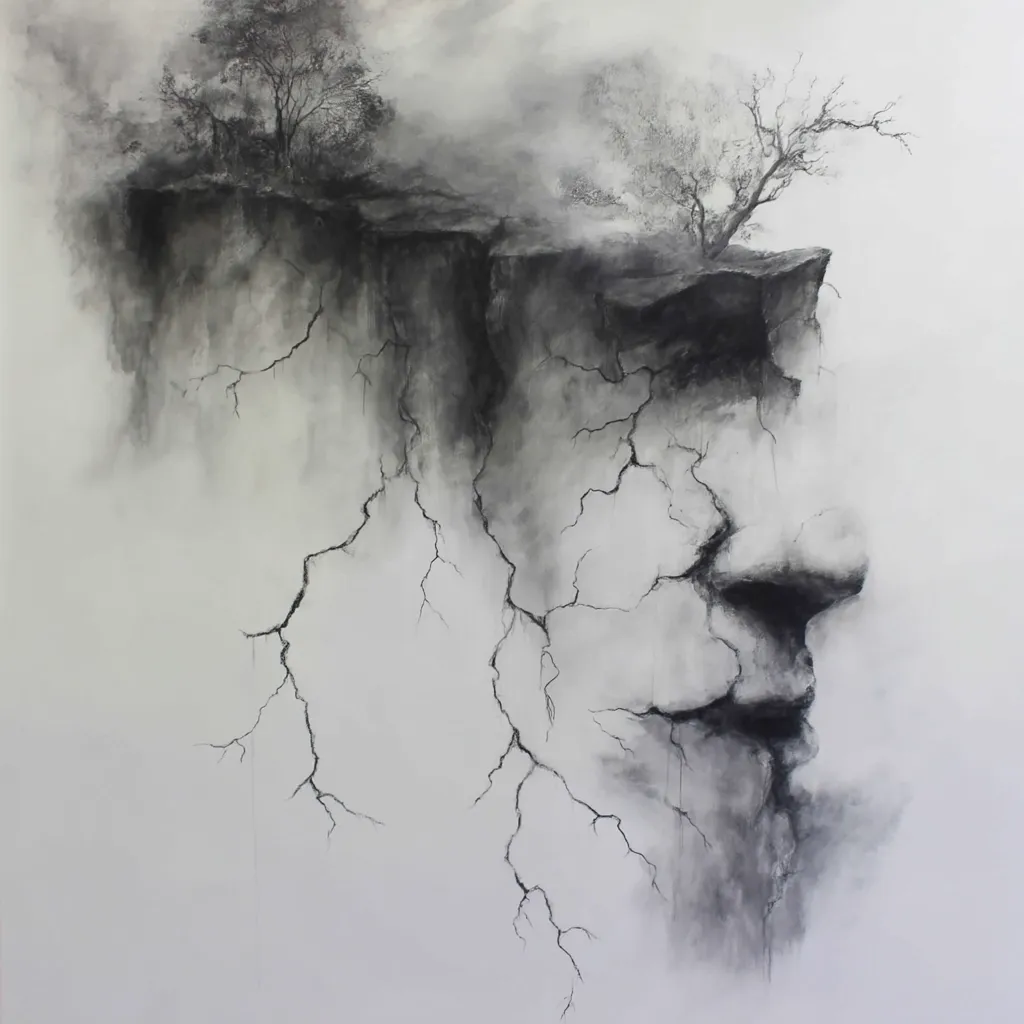 A monochromatic artwork depicts a cliff edge with sparse trees, resembling a fractured face profile.  Deep cracks spiderweb across the cliff face and down towards the bottom, creating a sense of fragility and decay.  The overall mood is somber and evocative, suggesting themes of vulnerability and the passage of time.  The style is expressive and atmospheric, prioritizing texture and tone over precise detail.